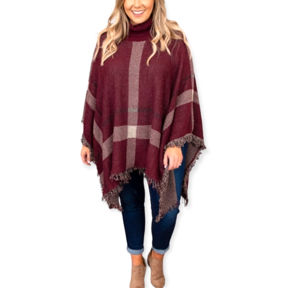 entro Sweaters - Entro Burgundy Plaid Poncho